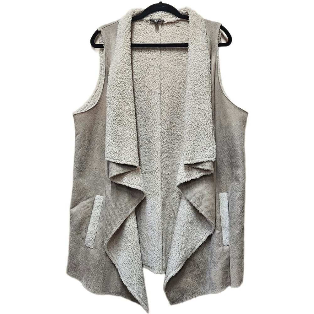 TCEC Faux Suede Shearling Waterfall Vest Taupe Open Front Pocketed Size XXXL